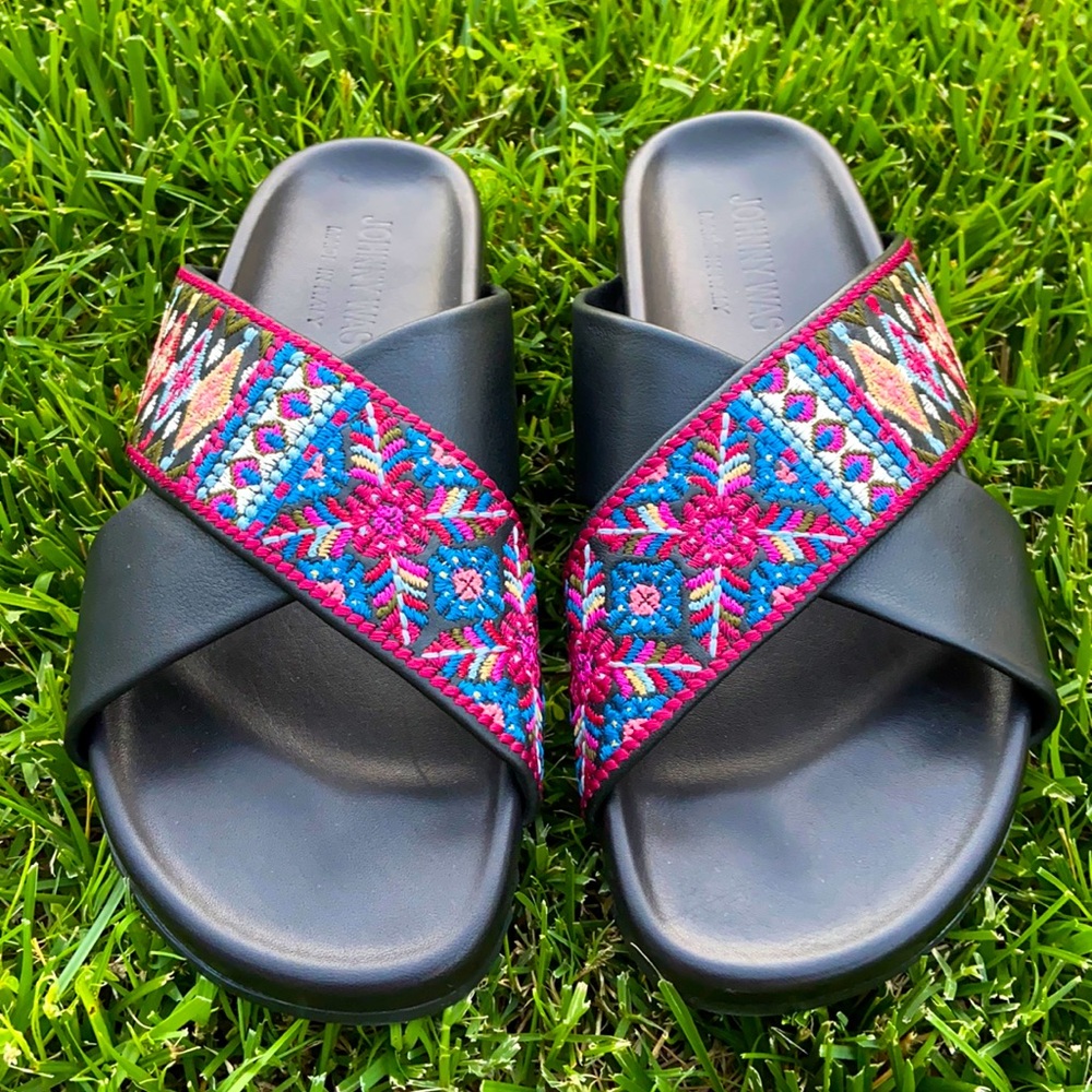 Johnny Was Black Slide Sandals with Pink & Blue Embroidered Straps